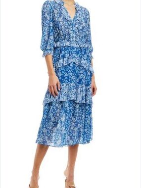 Monique Lhuillier Blue Floral Ruffle Maxi Dress